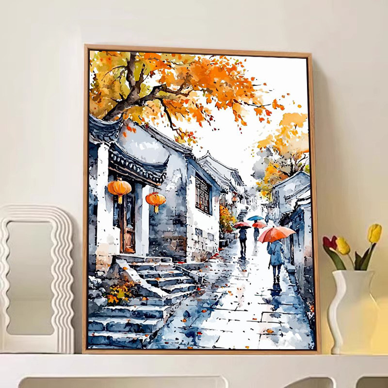 秋天风景数字油画diy填充填色手工绘冬日街景治愈丙烯油彩装饰画