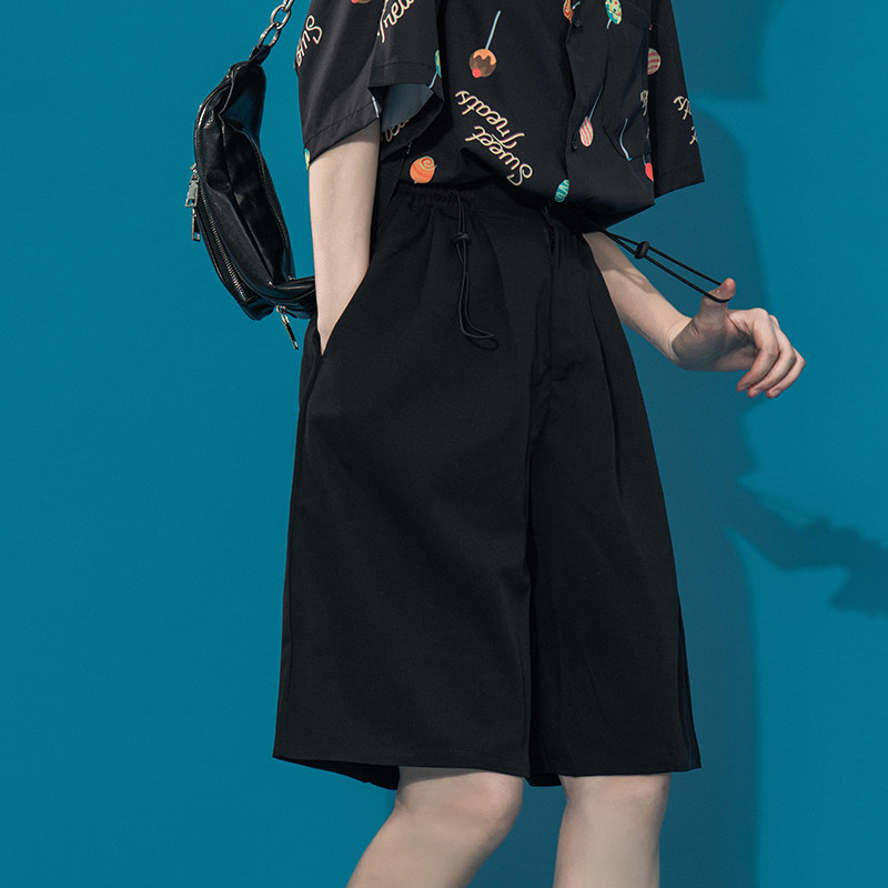 tgea夏季薄日系高腰黑色休闲短裤 tgea休闲裤