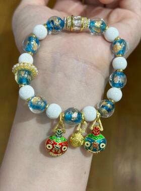 2025香灰白瓷琉璃手串青蓝色金箔吞金兽手链男女镀金景区热卖文玩