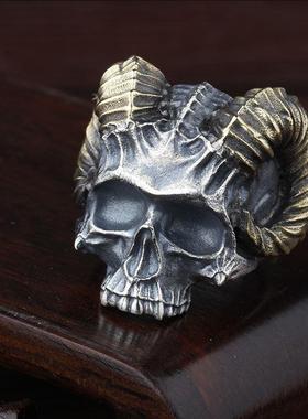 2025恶魔撒旦银戒指男潮朋克摇滚饰品个性霸气复古山羊角骷髅头食