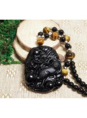 2025天然民族风黑曜石裸石吊坠麒麟献瑞水晶男女情侣款虎眼石编绳