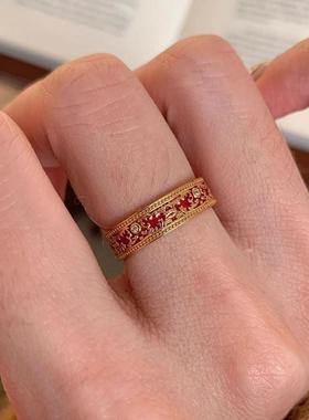 2025轻奢古风红色滴釉花纹戒指女精致高级感指环小众个性设计感食