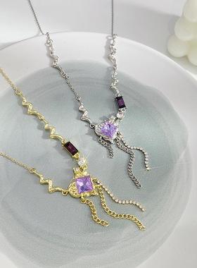 2025日韩紫色锆石金属爱心链条项链轻奢小众设计感时尚流苏拼接锁