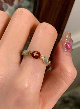 2025新款红色滴釉蝴蝶结戒指小众轻奢高级食指戒可调节复古温柔指