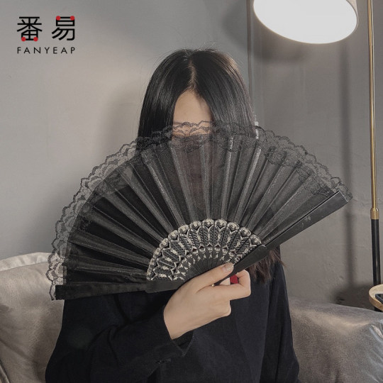 折扇A1zoq001-扇子古风中国风汉服拍照旗袍夏蕾丝随身舞蹈女黑色