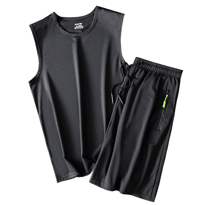 夏季冰丝跑步运动套装男士健身户外 鲨足休闲运动套装