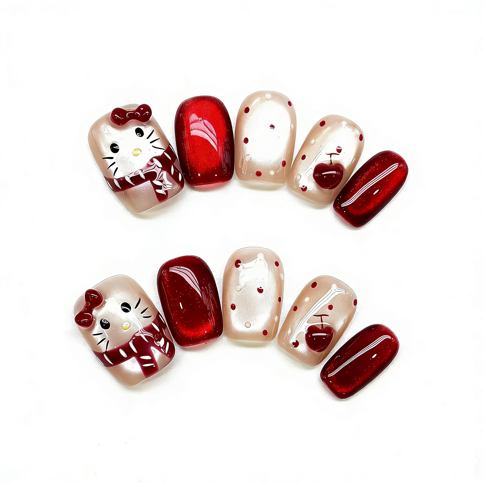 Maxfine卡通KT猫穿戴甲酒红色蝴蝶结美甲贴片可爱少女樱桃甲片,淘宝优惠券,粉丝福利购,淘宝优惠卷