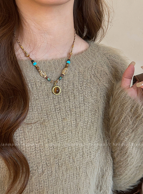 复古圆珠吊坠串珠项链女2025新款高端轻奢小众设计感颈链复古配饰