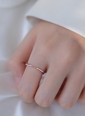s925镀银线条戒指日系简约交叉指环气质排钻食指戒冷淡风