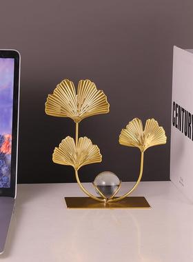轻奢铁艺枫叶摆件家居样板房软装玄关客厅酒柜装饰水晶球金属摆件
