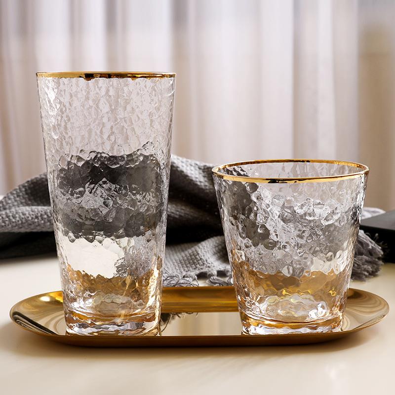 日式金边玻璃杯简约锤纹水杯ins风创意家用牛奶杯果汁饮料啤酒杯 - 图1