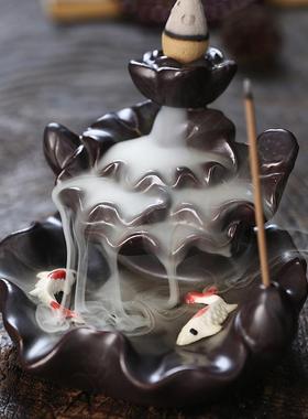 跨境 陶瓷倒流观赏香炉 创意荷花双鱼檀香烟回流香薰炉家居摆件定