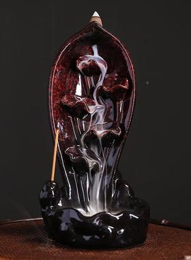 跨境檀香陶瓷倒流香香薰炉工艺品 创意莲花莲莲有鱼倒流香炉摆件