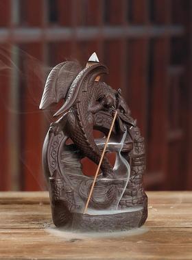 厂家直销陶瓷烟倒流沉香炉 创意飞龙在天北欧翼龙檀香流水炉摆件