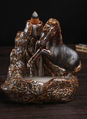 厂家直销倒流香炉 陶瓷盘香线香 马到成功仿古铁锈釉摆件熏香炉定