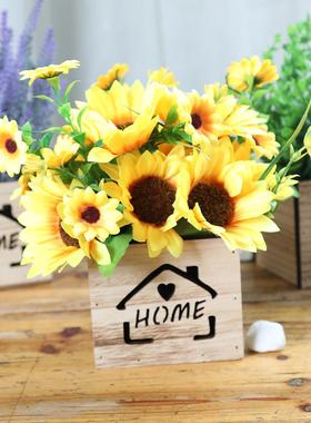 鹿头花盆仿真花套装实木镂空木盒装饰摆件尤加利薰衣草太阳花套装