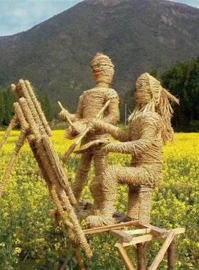 农耕主题稻草人物丰收节草雕乡村植物景观大型工艺品创意卡通