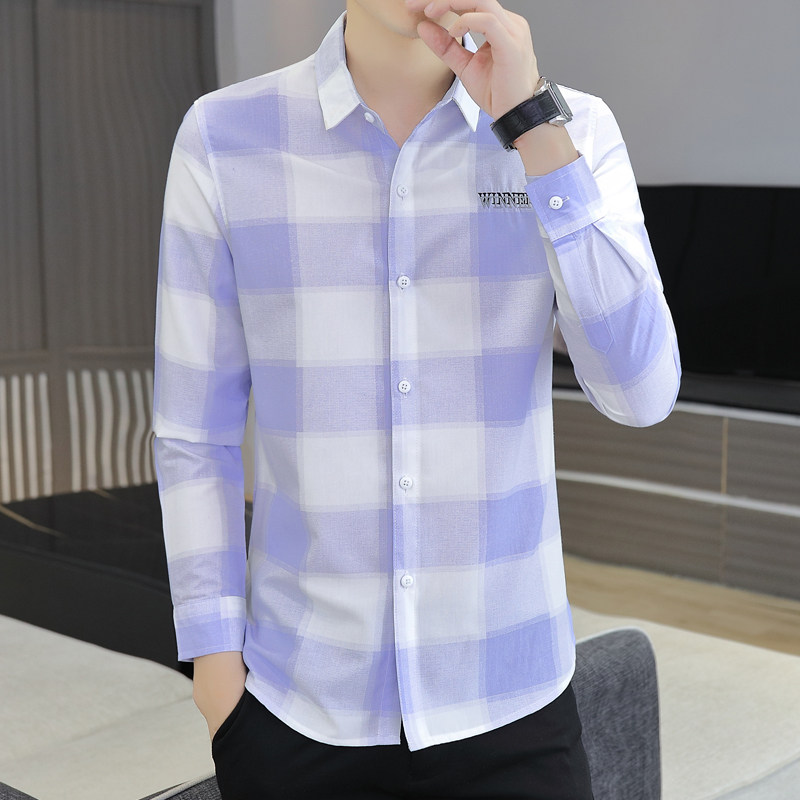 秋季男装格子衬衫韩版长袖潮流帅气百搭翻领上衣商务休闲轻熟衬衣,淘宝优惠券,粉丝福利购,淘宝优惠卷