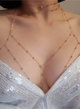 欧美时尚闪钻bikini身体链性感胸链饰品女海边度假拍照衣服配饰潮