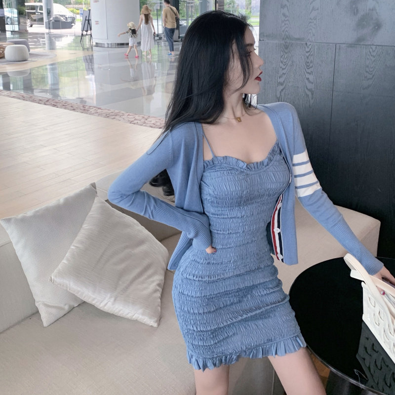 夏季新款法式褶皱搭配披肩吊带裙 森丽顿蕾丝衫/雪纺衫