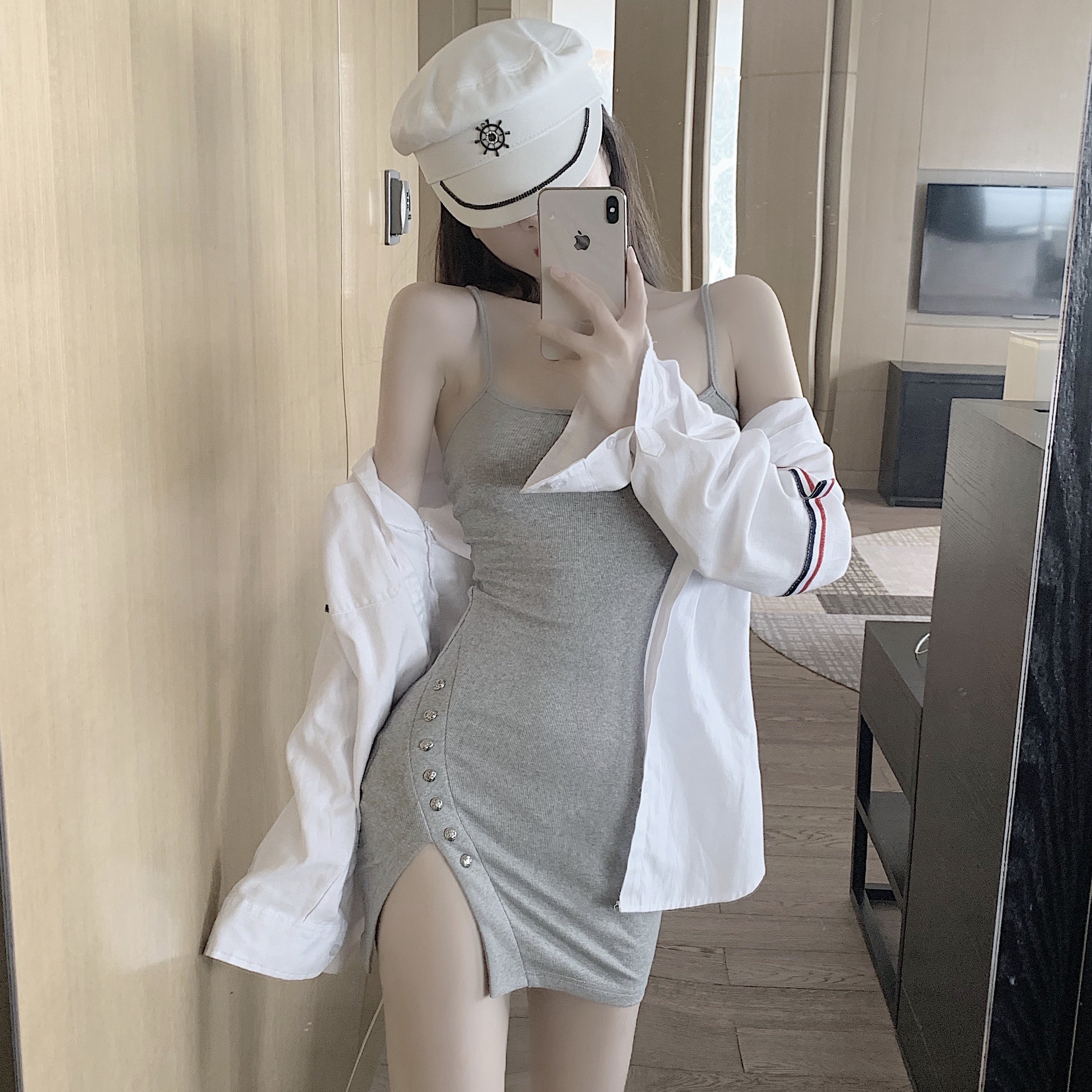 性感包臀吊带连衣裙+长袖防晒衬衣 森丽顿蕾丝衫/雪纺衫