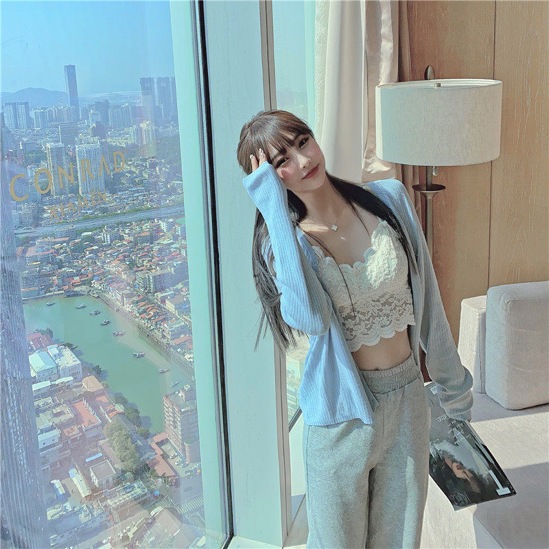 蕾丝吊带+针织高腰垂感直筒女开衫 森丽顿蕾丝衫/雪纺衫