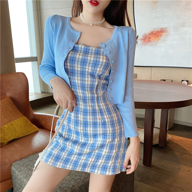 法式格子chic小个子两件套 森丽顿蕾丝衫/雪纺衫