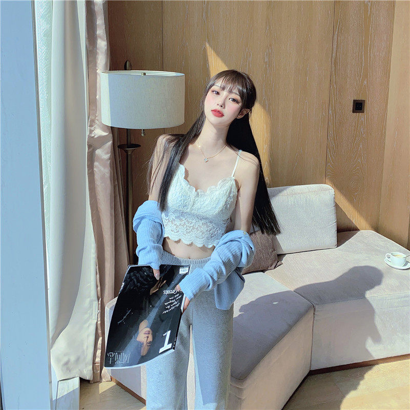 蕾丝吊带+针织高腰垂感直筒女开衫 森丽顿蕾丝衫/雪纺衫