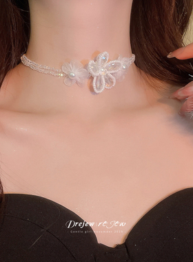 玻璃串珠雪纺花珍珠吊坠颈链女