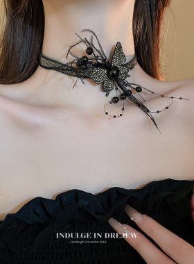 黑色羽毛串珠蝴蝶颈带choker