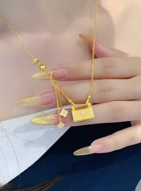 越南沙金四叶草流苏锁包项链古法沙金镶钻平安锁吊坠锁骨链时尚