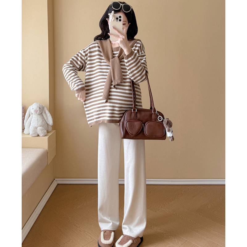 孕妇套装秋冬2026新款韩版孕妈咖色条纹披肩针织毛衣裤子两件套女,淘宝优惠券,粉丝福利购,淘宝优惠卷