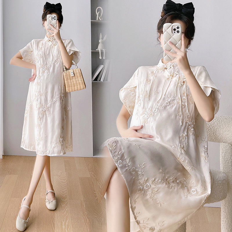 孕妇连衣裙夏短袖薄款杏色国风刺绣小个子时尚辣妈2026新款旗袍裙,淘宝优惠券,粉丝福利购,淘宝优惠卷