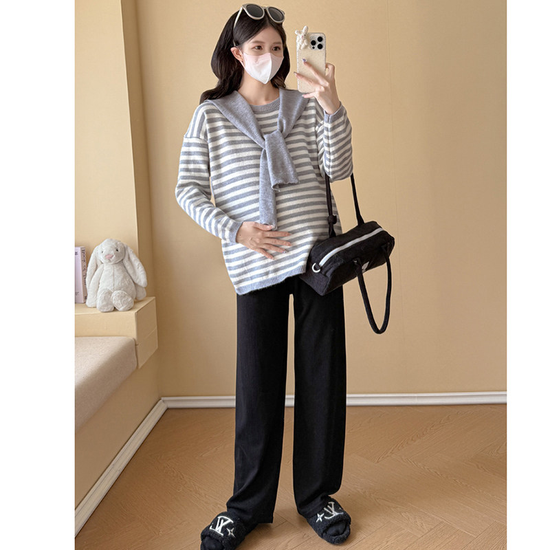 孕妇套装秋冬2026新款韩版孕妈咖色条纹披肩针织毛衣裤子两件套女,淘宝优惠券,粉丝福利购,淘宝优惠卷