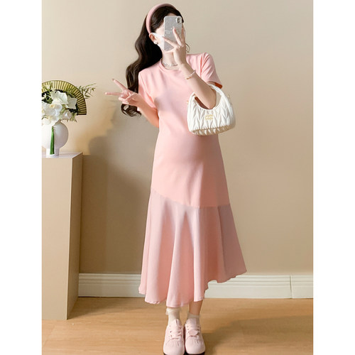 孕妇连衣裙夏季2026新款黄色宽松遮肚显瘦短袖法式拼接鱼尾中长款 - 图1