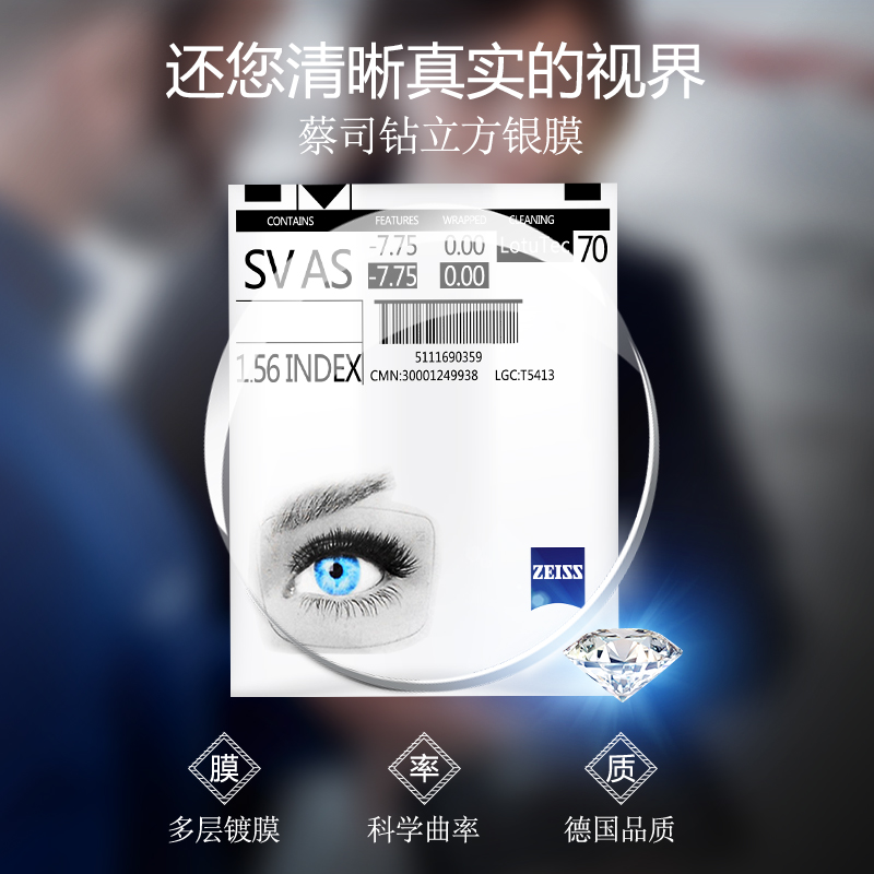 ZEISS 德国卡尔蔡司超薄非球面钻立方铂金膜新清锐变色近视眼镜片 - 图2