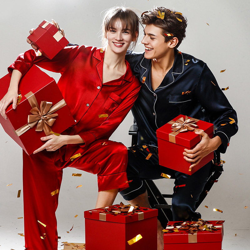 情侣真丝男女新婚结婚红色套装睡衣 玛莎魅睡衣/家居服套装