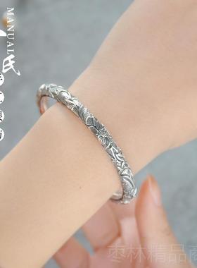 正品民族风99银手工云南雪花银圆柱满雕莲花银镯个纯性足女款银手
