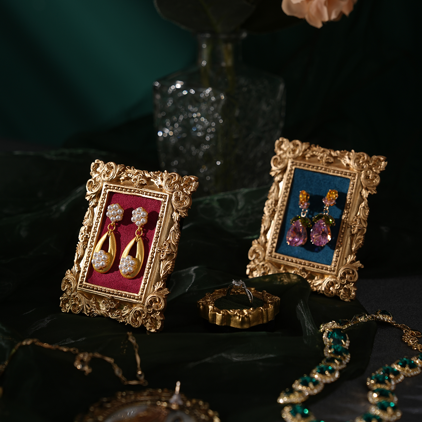 首饰展示架复古软包相框耳环收纳盘饰品珠宝店铺陈列拍摄道具摆件 - 图3