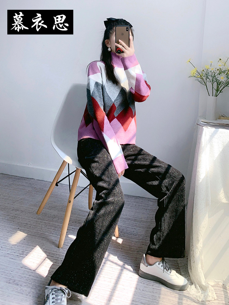 慕衣思2020秋冬新款撞色毛呢阔腿裤 慕衣思时尚套装