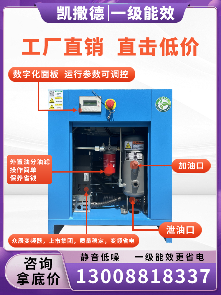 凯撒德永磁变频空压机7.5/15/22/37KW380V静音螺杆式空气压缩机 - 图2