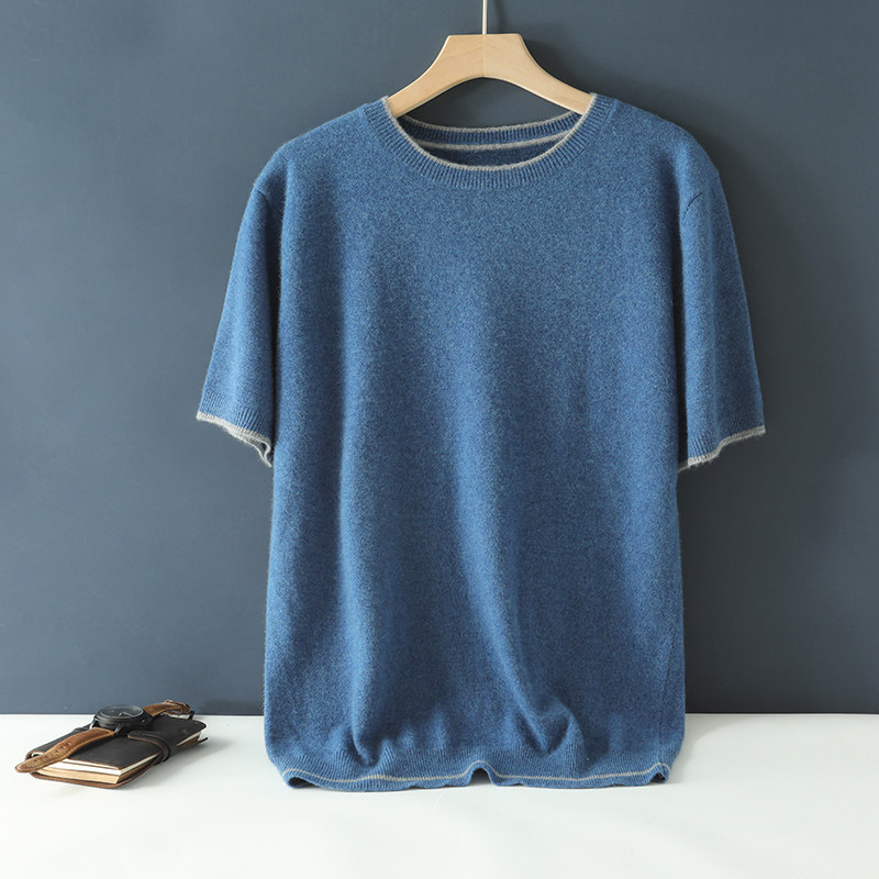 圆领拼色短袖T恤男秋冬100纯山羊绒衫针织打底羊毛半袖毛衣体恤衫,淘宝优惠券,粉丝福利购,淘宝优惠卷