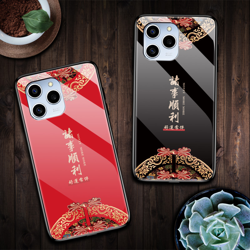 适用于荣耀60se手机壳5G玻璃硅胶GIA-AN00软边硬壳Honor60SE全包防摔华为荣誉6Oes国风诸事顺利tn40男女情侣