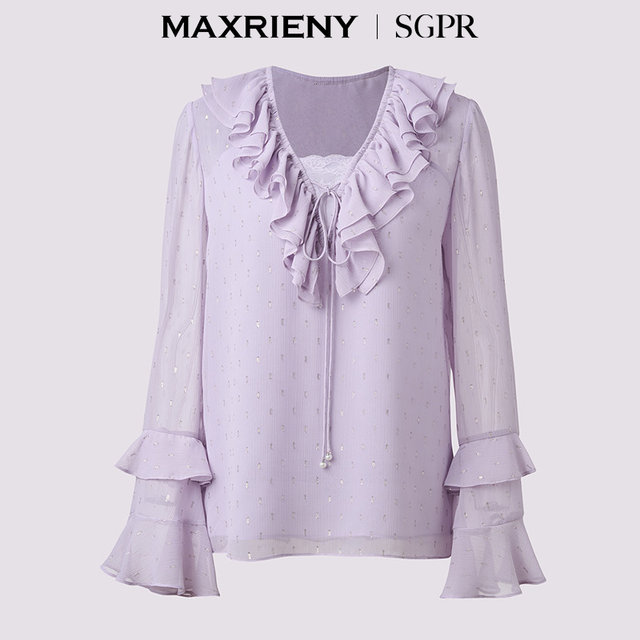 ເສື້ອຢືດ SGPR chiffon ruffled ຄໍ v ແຂນຍາວເທິງ blouse ສໍາລັບແມ່ຍິງ