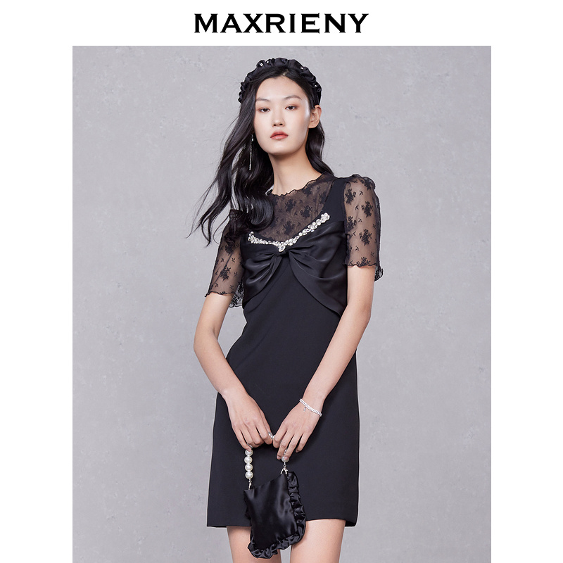 【奥莱】MAXRIENY黑色蕾丝上衣女夏季泡泡袖雪纺衫