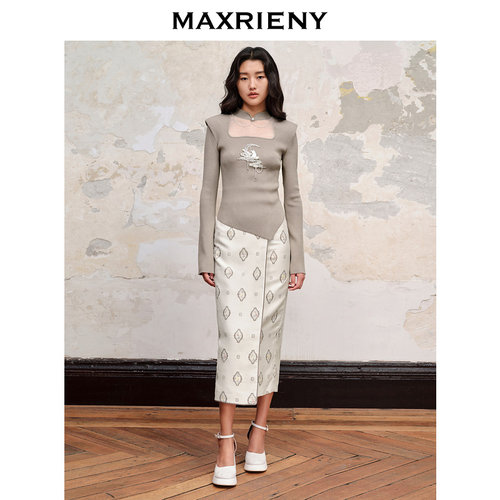 【奥莱】MAXRIENY仙美国风新中式套头针织修身垫肩上衣 - 图1