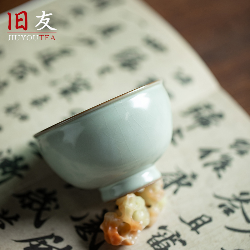 旧友 天青汝窑功夫茶杯陶瓷功夫茶具品茗杯冰裂釉开片可养个人杯 - 图3