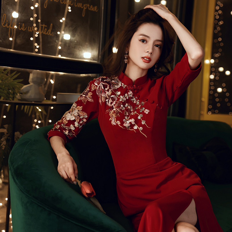 旗袍新娘2020新款酒红色回门敬酒服 雨丝彤礼服/晚装