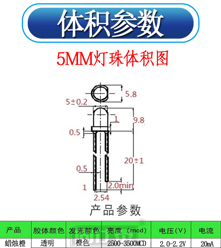 5mmF5有边5MM透明蜡烛橙 高亮LED长脚球头白发橙自闪 二极管 聚光 - 图0