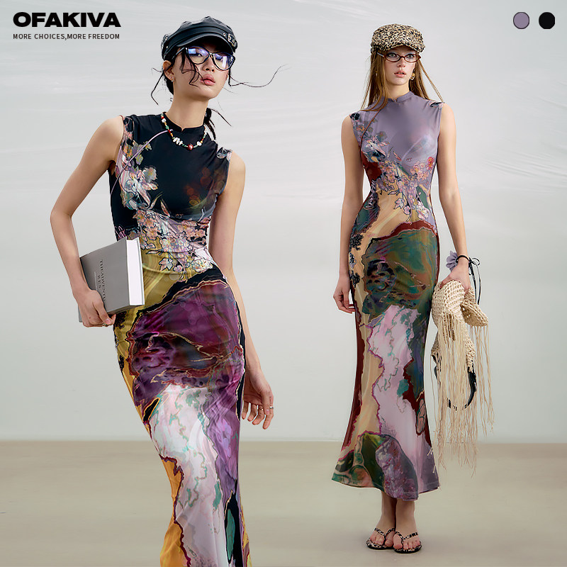 【李梦同款】OfAkiva“三彩”新中式前后两穿撞色印花旗袍连衣裙